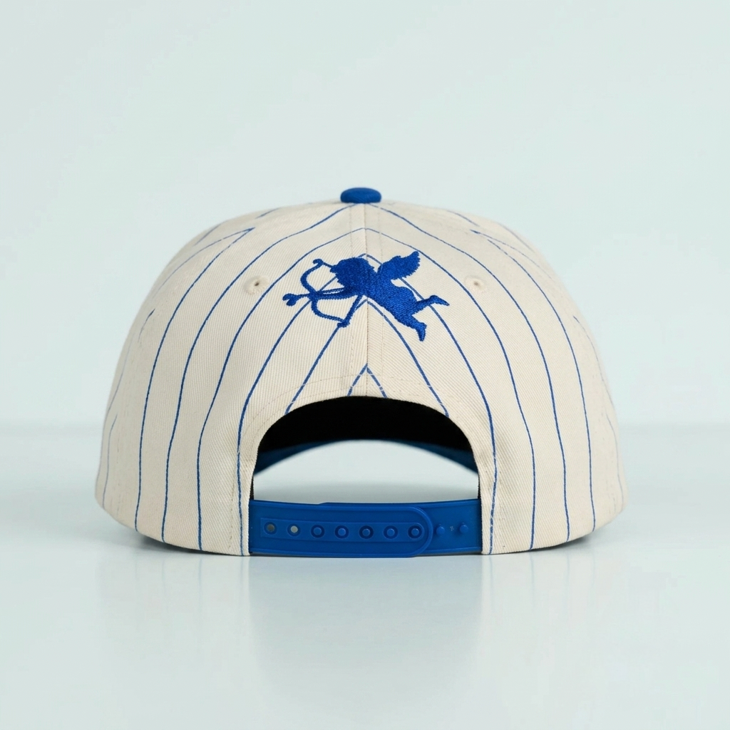 A cream-colored baseball cap with thin blue pinstripes, featuring a blue embroidered cupid graphic on the front and a blue adjustable snapback closure band.