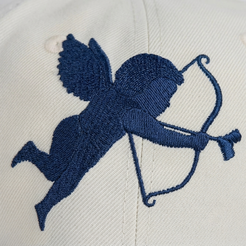 Close-up of a navy blue embroidered cherub with wings and bow and arrow on a light beige fabric background.
