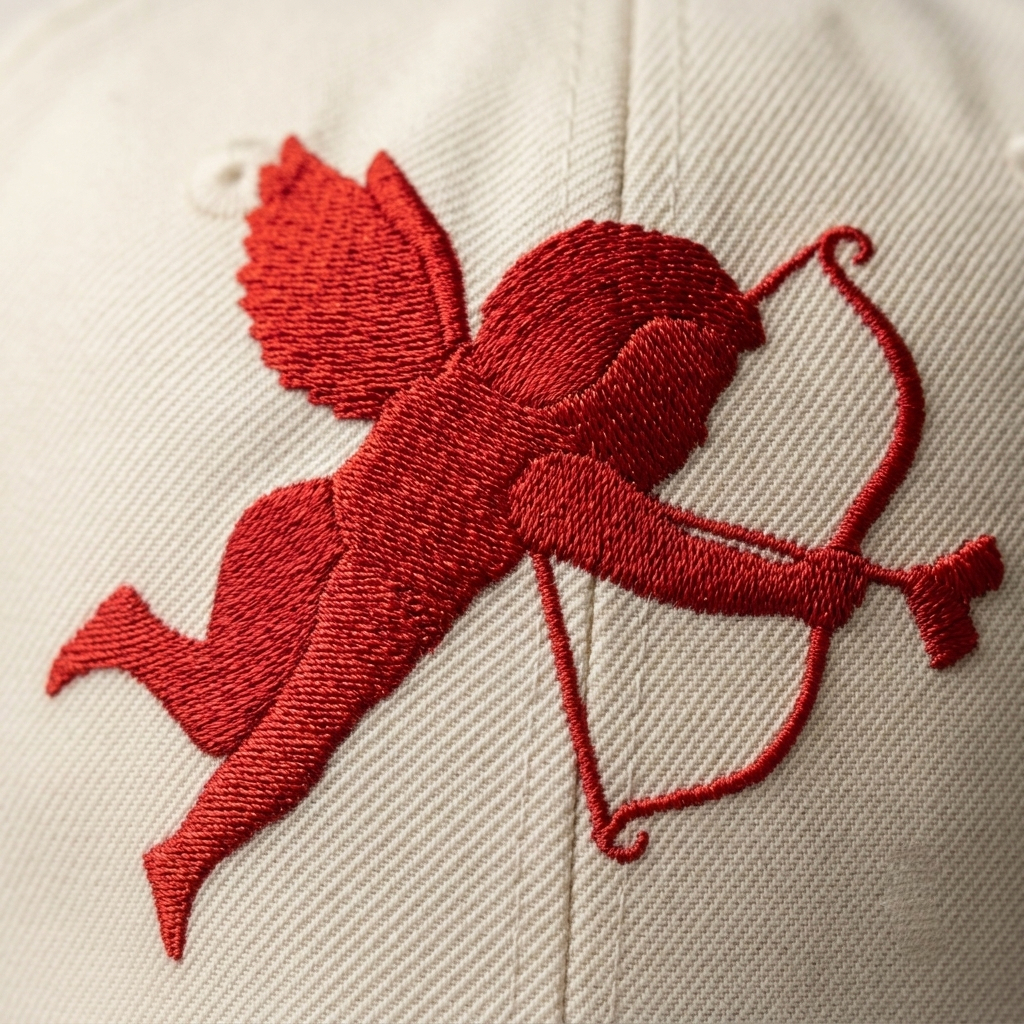 A close-up of a red embroidered Cupid figure holding a bow on a light beige fabric surface.