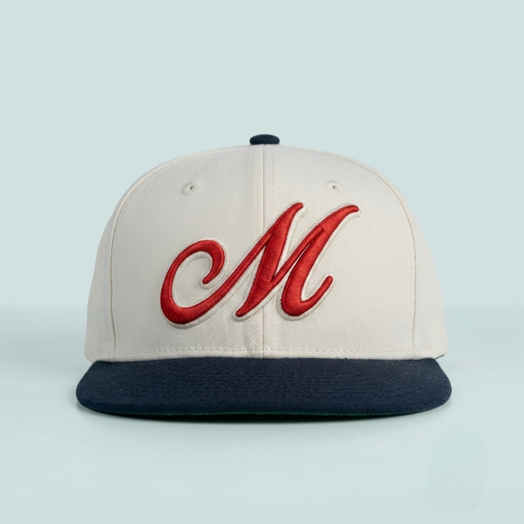 A structured baseball cap with an off-white crown, a red flat brim, and a large red embroidered cursive letter 'M' on the front, set against a solid pale blue background.